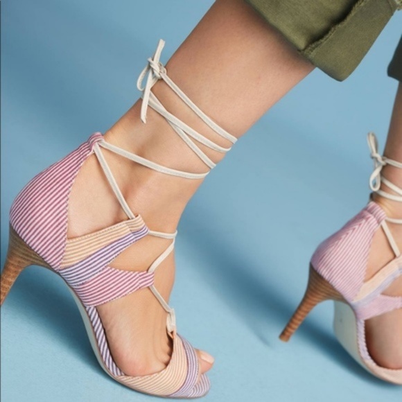 Anthro Billy Ella Striped Lace-Up Heels Caged Wood - Picture 1 of 6